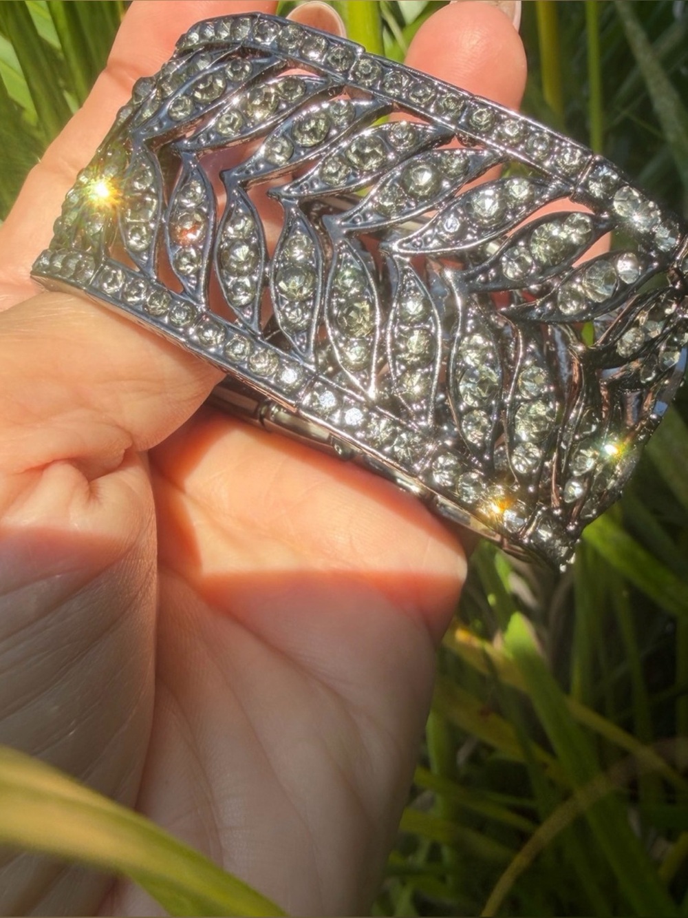 Rhinestone Leaf Cuff Bracelet with dark crystal one size